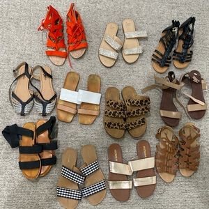 Lot of 11 women’s sandals/shoes. Size 6, 6.5, and 7.